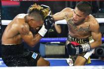 Mike Plania, right, connects against Joshua Greer Jr. during their bantamweight fight inside th ...