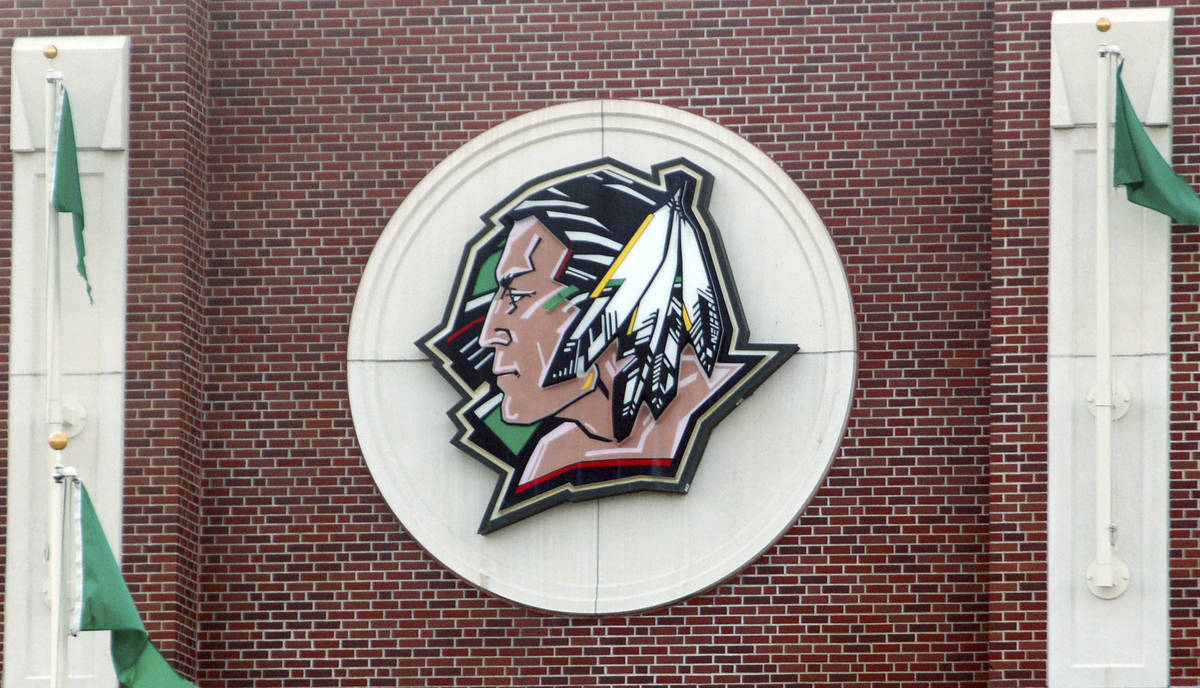 In this Nov. 9, 2010, file photo, the University of North Dakota's Fighting Sioux logo hangs on ...