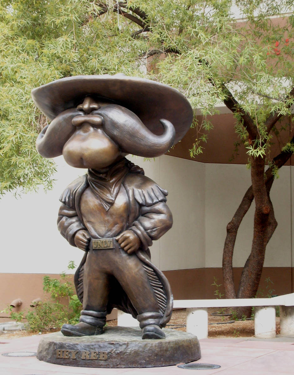The newly installed statue of the UNLV mascot "Hey Reb" stands outside the Tam Center courtyard ...