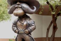 The newly installed statue of the UNLV mascot "Hey Reb" stands outside the Tam Center courtyard ...