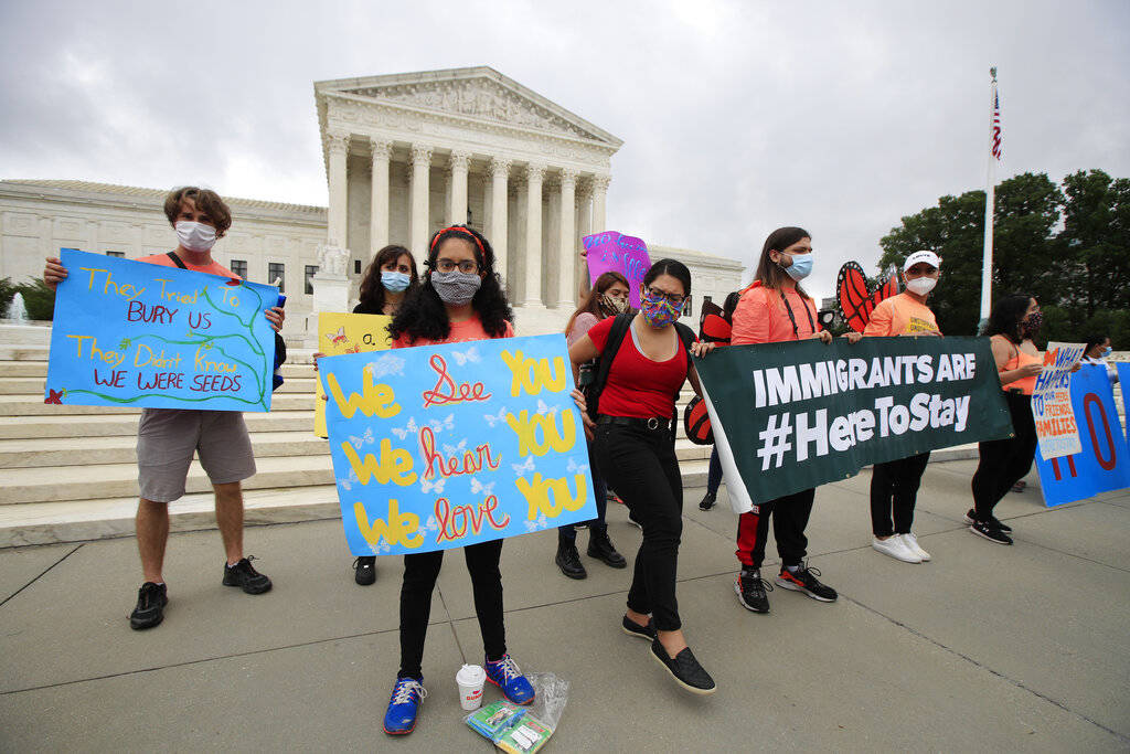 DACA students rally in front of the Supreme Court, Thursday, June 18, 2020, in Washington. (AP ...
