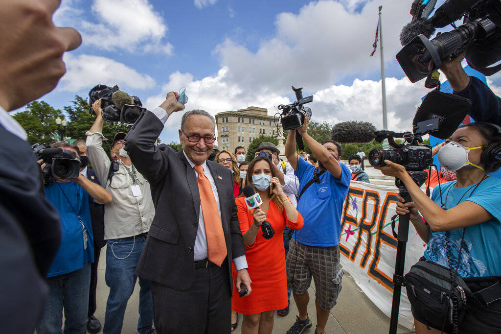 Senate Majority Leader Chuck Schumer of N.Y., center, celebrates with Deferred Action for Child ...