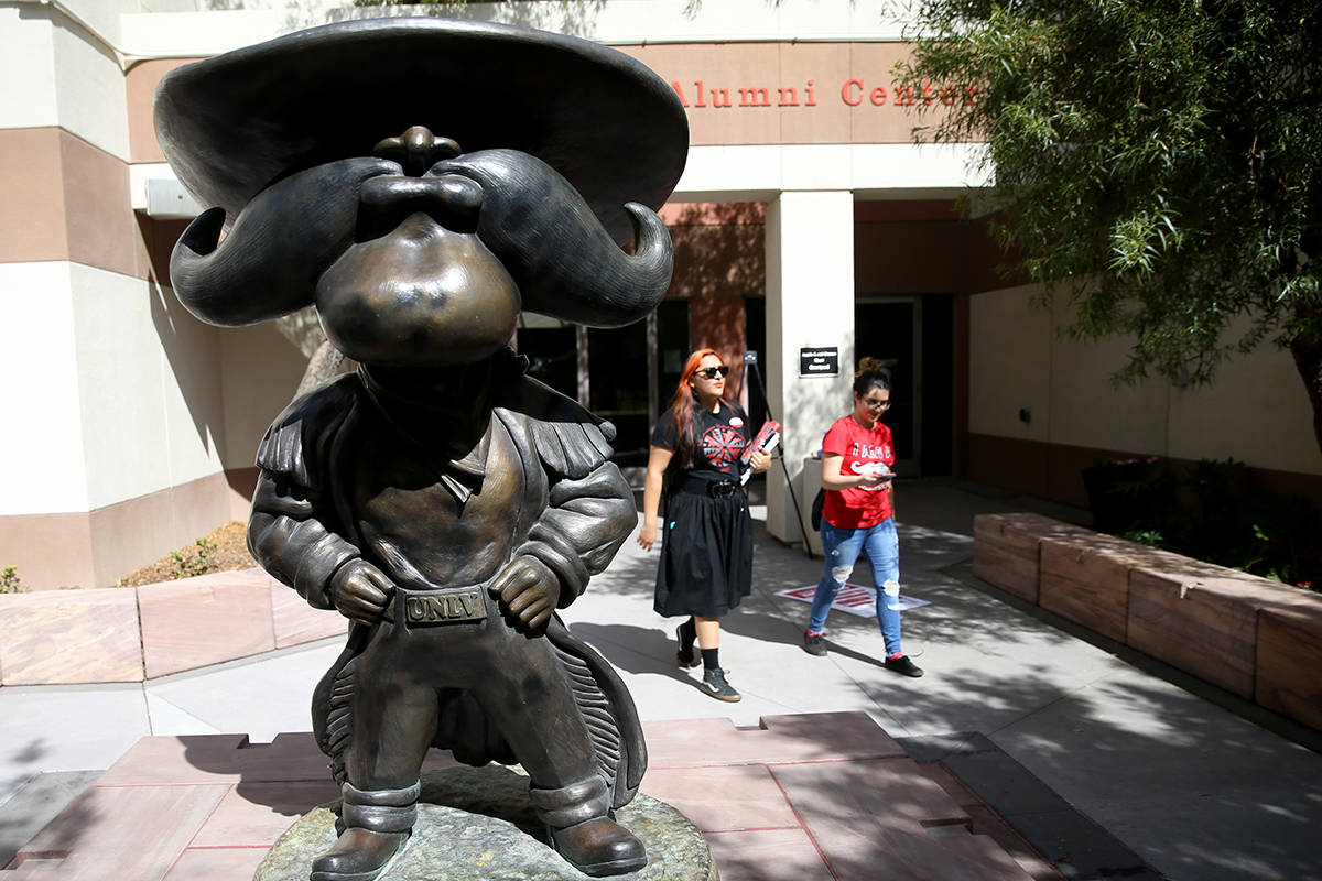 Students walk past a statue UNLV mascot Hey Reb! on campus Friday, Aug. 23, 2019. (K.M. Cannon/ ...