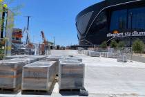 Pallets of Raiders Legacy Bricks sit in front of Allegiant Stadium. (Mick Akers/Las Vegas Revie ...