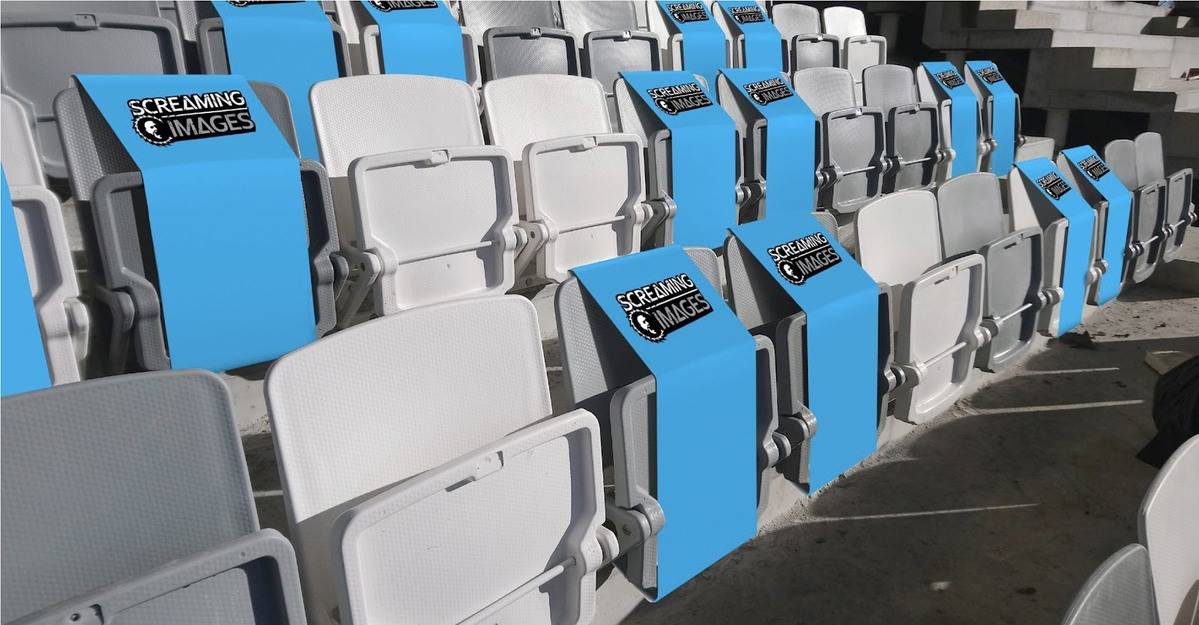 Renderings show vinyl seat covers that could be used by live event venues to promote social dis ...