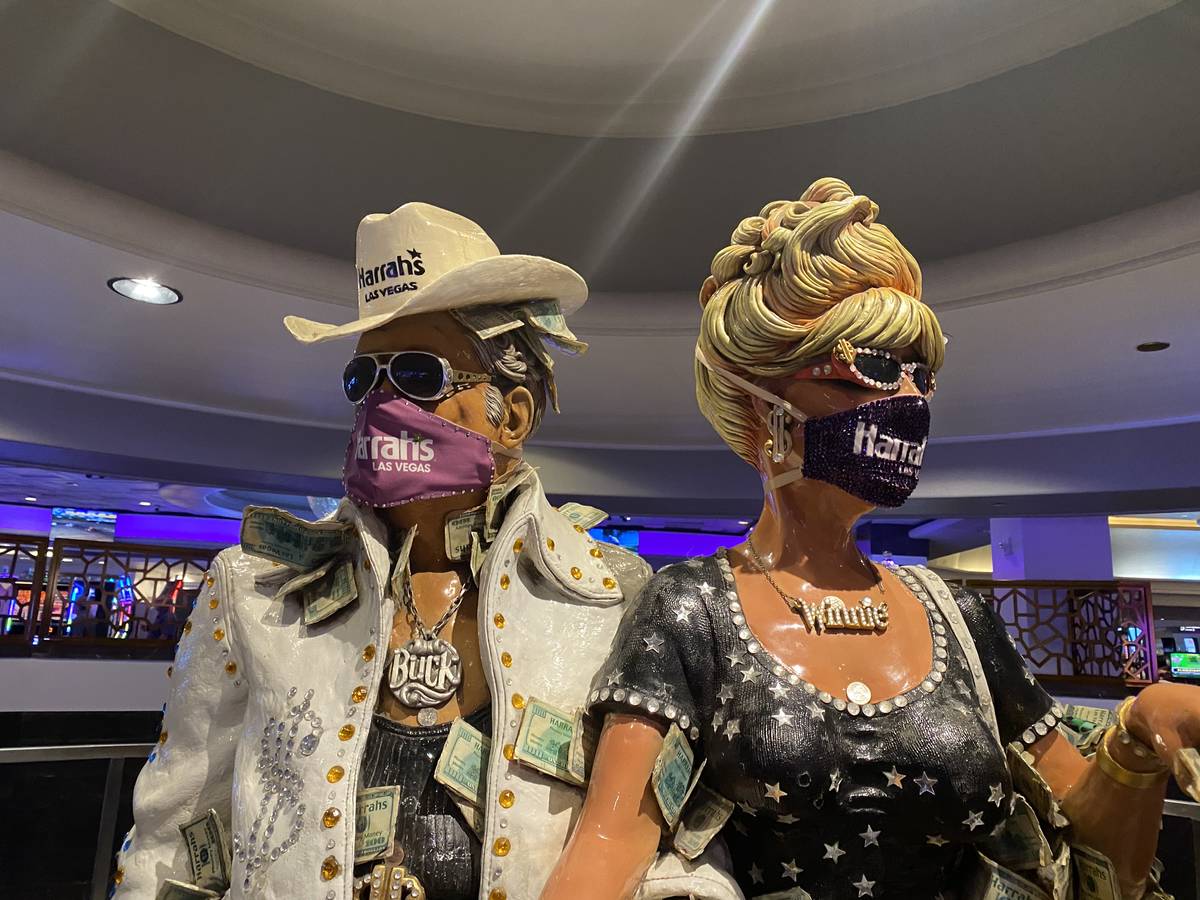 The masked statues of the Greenbacks, Buck (left) and Winnie, shown Thursday, June 18, 2020. (J ...
