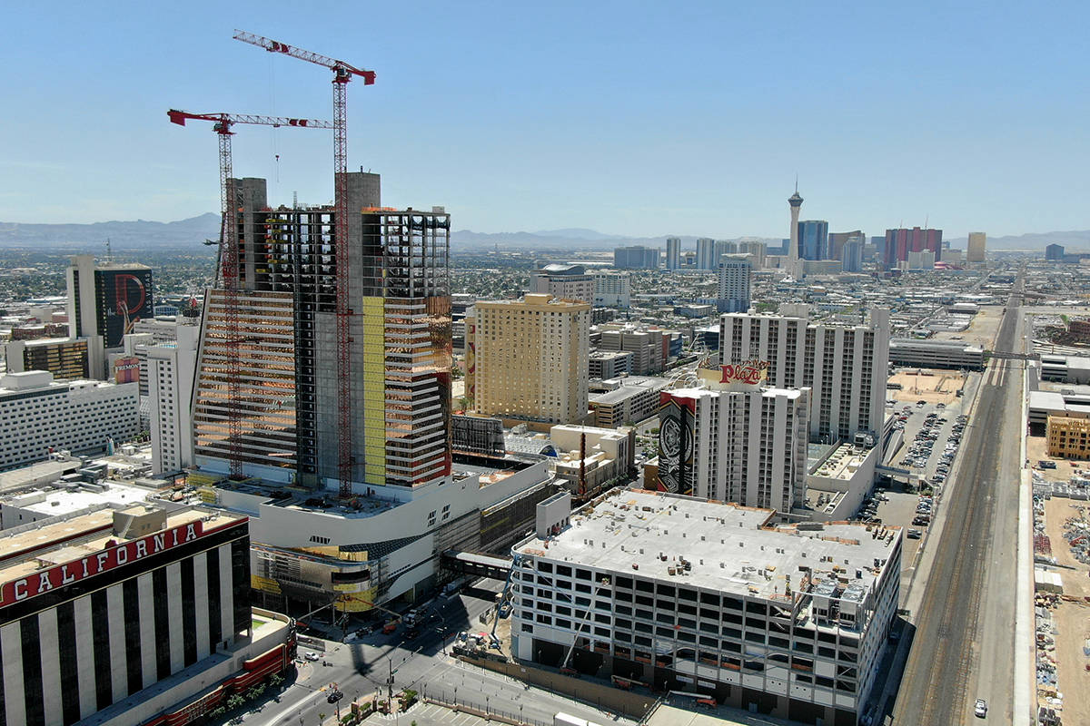 Aerial photo of construction at Circa and the “Garage Mahal” in downtown Las Vegas, May 13, ...