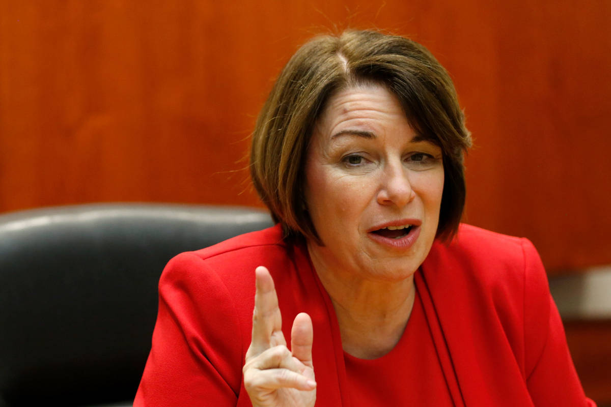 Democratic presidential candidate Sen. Amy Klobuchar, D-Minn., speaks during an editorial board ...