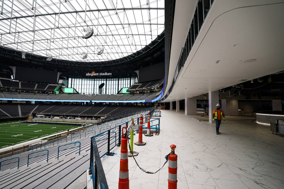 A photo released by the Las Vegas Raiders shows the nearly complete Allegiant Stadium on Friday ...