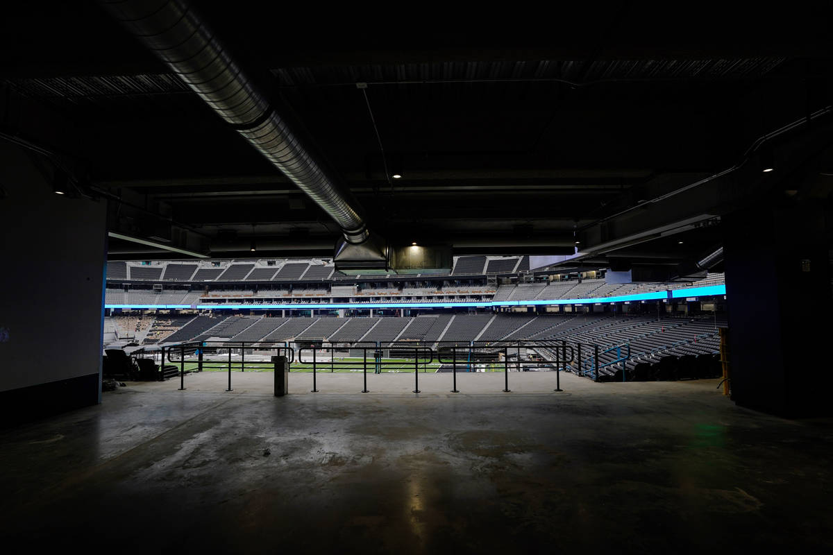 A photo released by the Las Vegas Raiders shows the nearly complete Allegiant Stadium on Friday ...