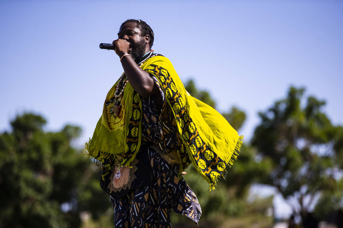 Trice Be Phantom Magnetiq, of Las Vegas, performs during a Juneteenth event held by Save Our So ...