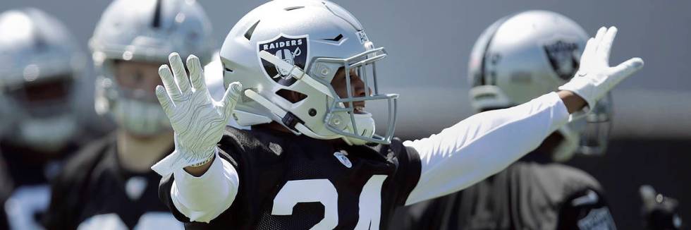 Oakland Raiders safety Johnathan Abram (24) gestures during an NFL football practice on Friday, ...