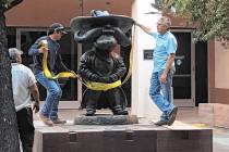 UNLV works to remove the Hey Reb! statue from in front of the Tam Alumni Center on Tuesday, Jun ...