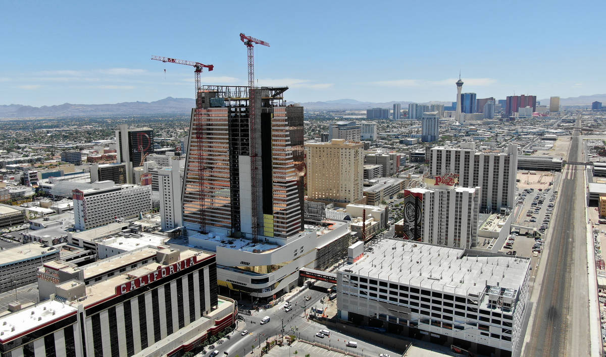 Aerial photo of construction at Circa hotel casino and the “Garage Mahal” in down ...