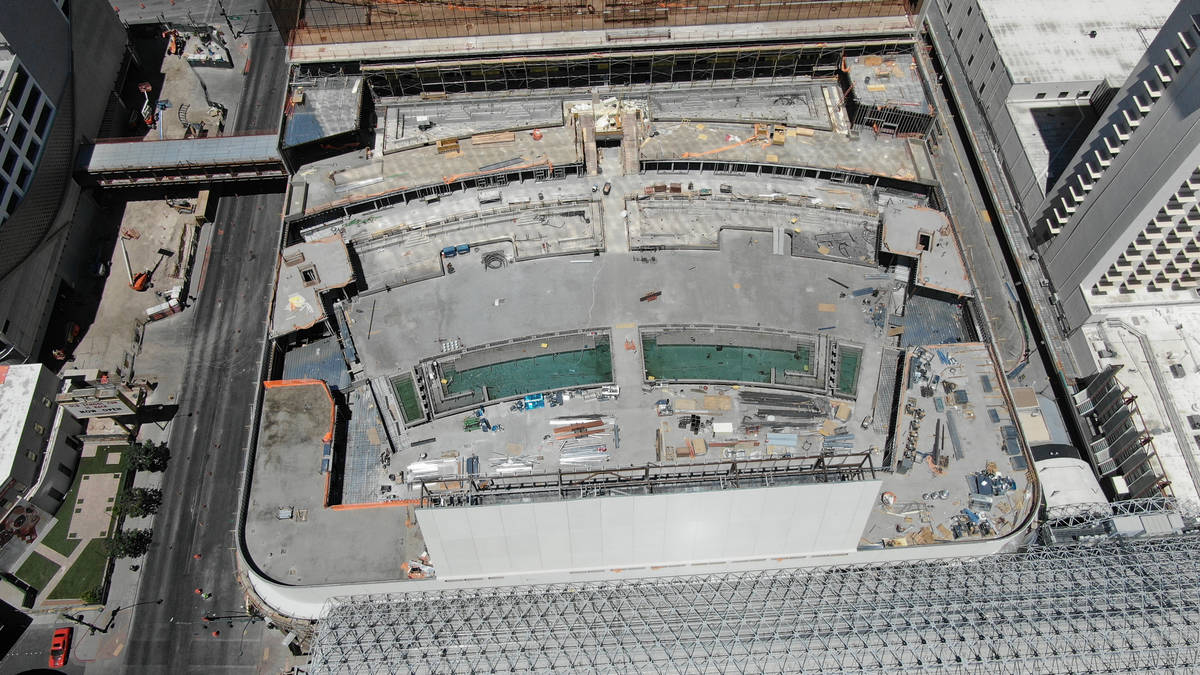Aerial photo of construction at Circa hotel casino and the multitiered pool amphitheater which ...
