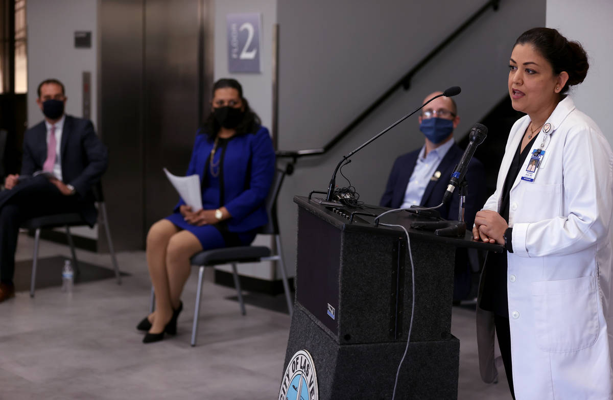 University Medical Center Director of Infectious Disease Dr. Shadaba Asad speaks during a news ...