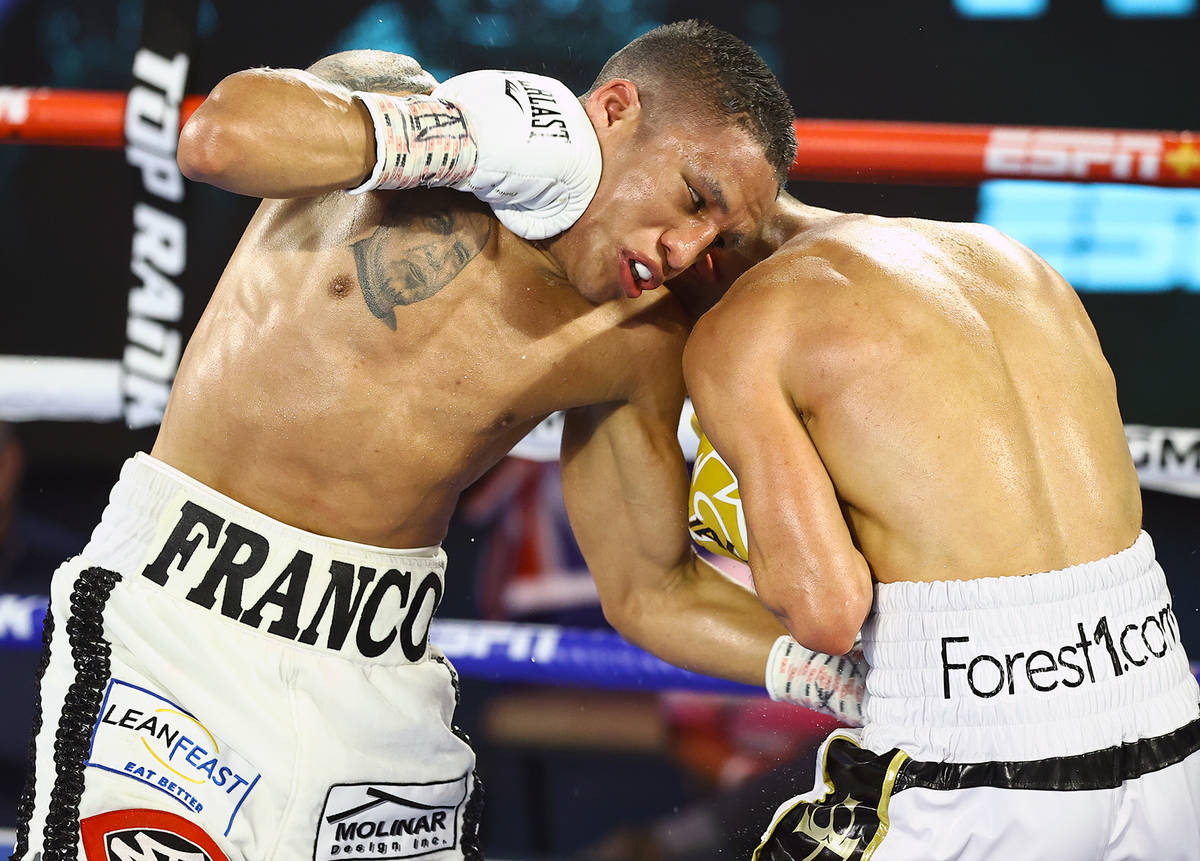 Joshua Franco, left, punches Andrew Moloney on Tuesday, June 23, 2020, at the MGM Grand in Las ...