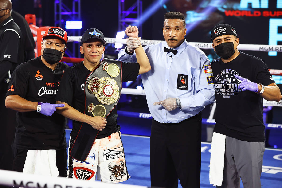 Joshua Franco celebrates his victory over Andrew Moloney on Tuesday, June 23, 2020, at the MGM ...