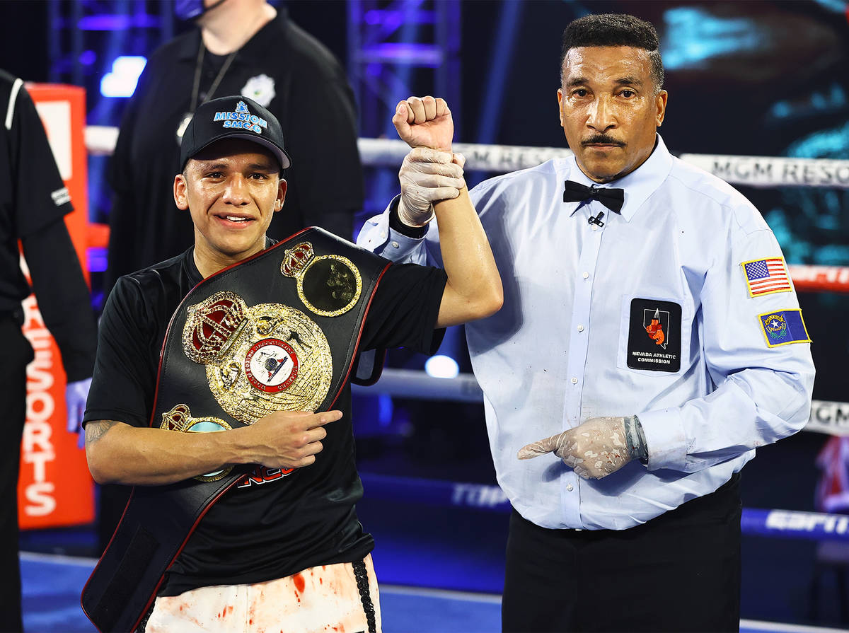 Joshua Franco celebrates his victory over Andrew Moloney on Tuesday, June 23, 2020, at the MGM ...