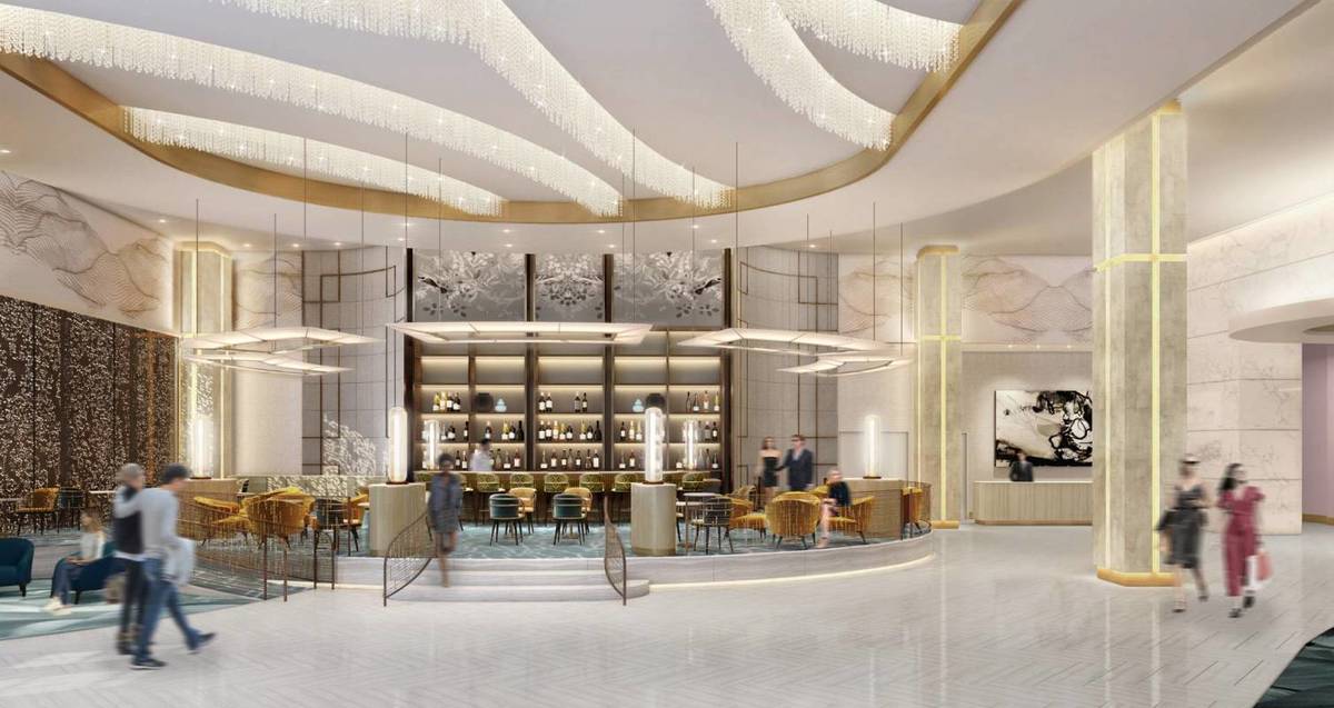 A rendering of the Conrad lobby at Resorts World. (Courtesy, Resorts World)