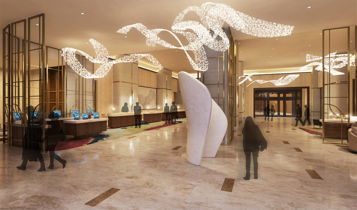 A rendering of the Hilton lobby at Resorts World. (Courtesy, Resorts World)