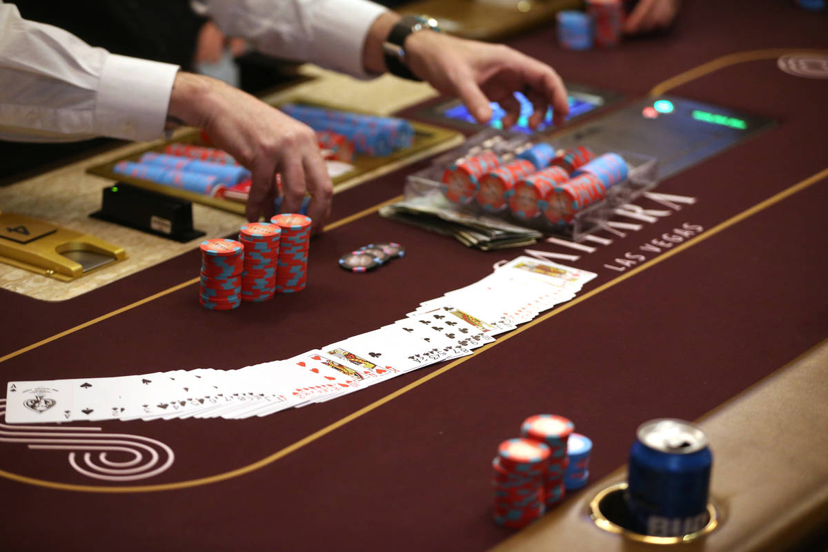 In this Feb. 21, 2020, file photo, poker chips are collected at Sahara Las Vegas casino-hotel i ...
