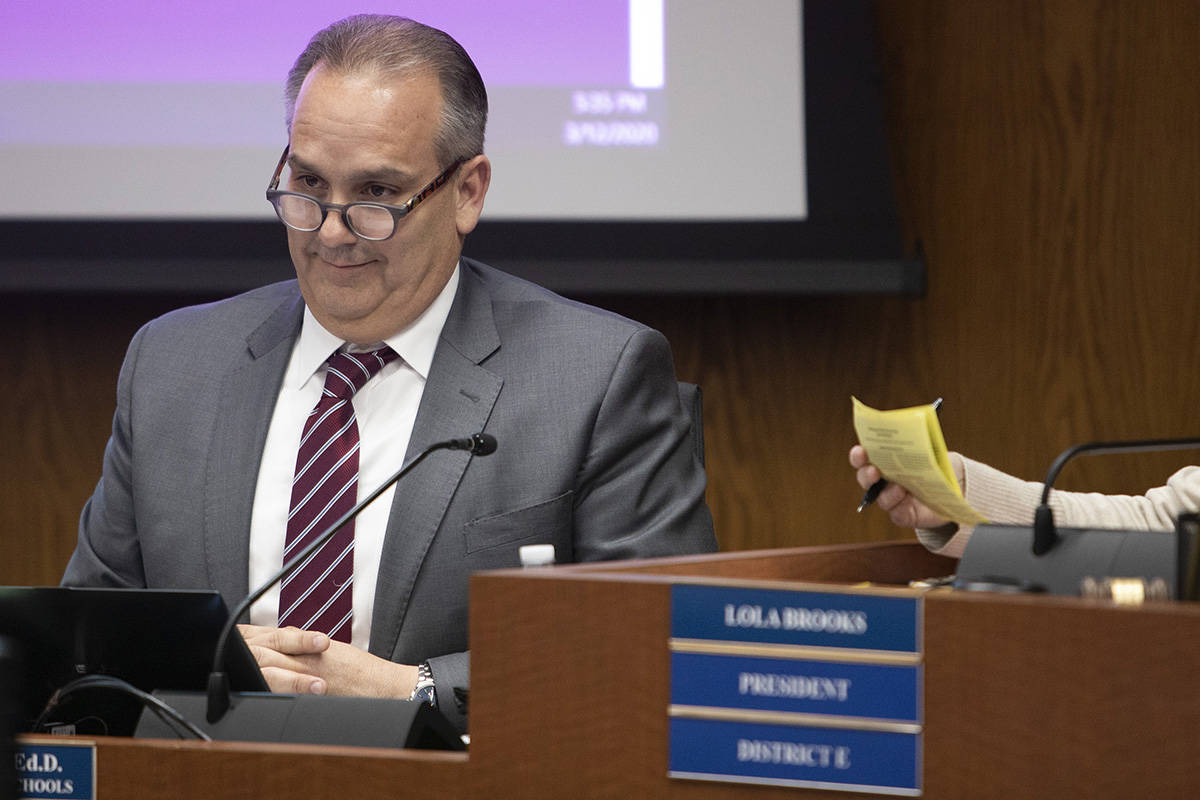 Clark County School District superintendent Jesus Jara reacts to a comment from a community mem ...