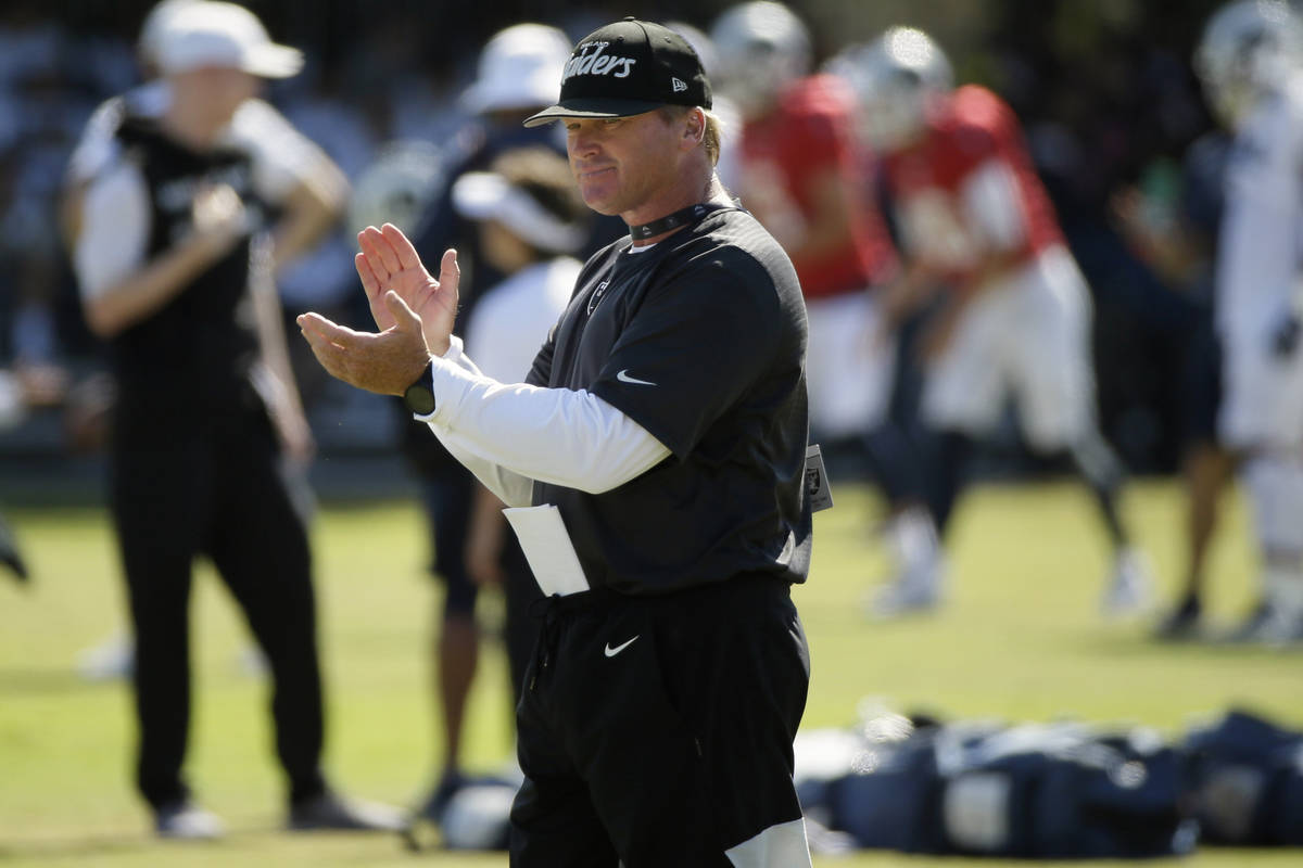 In this Aug. 8, 2019, file photo, Raiders head coach Jon Gruden claps during a combined NFL fo ...
