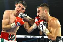 Jason Moloney, right, and Leonardo Baez fight Thursday, June 25, 2020, on a Top Rank boxing car ...