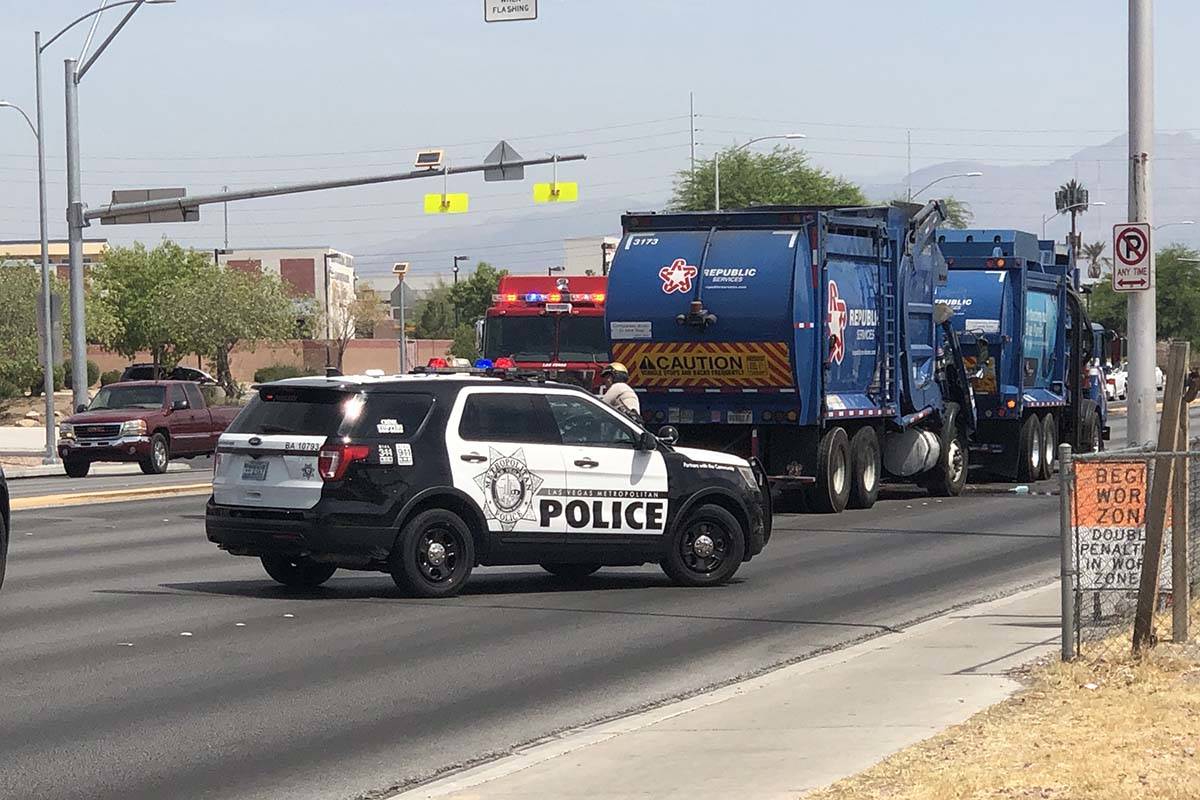 Las Vegas police were investigating a crash involving two garbage trucks on Friday, June 26, 20 ...