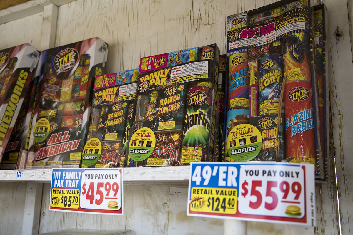 Fireworks for sale at a stand on Maryland Parkway in Las Vegas, Sunday, June 28, 2020. (Rachel ...
