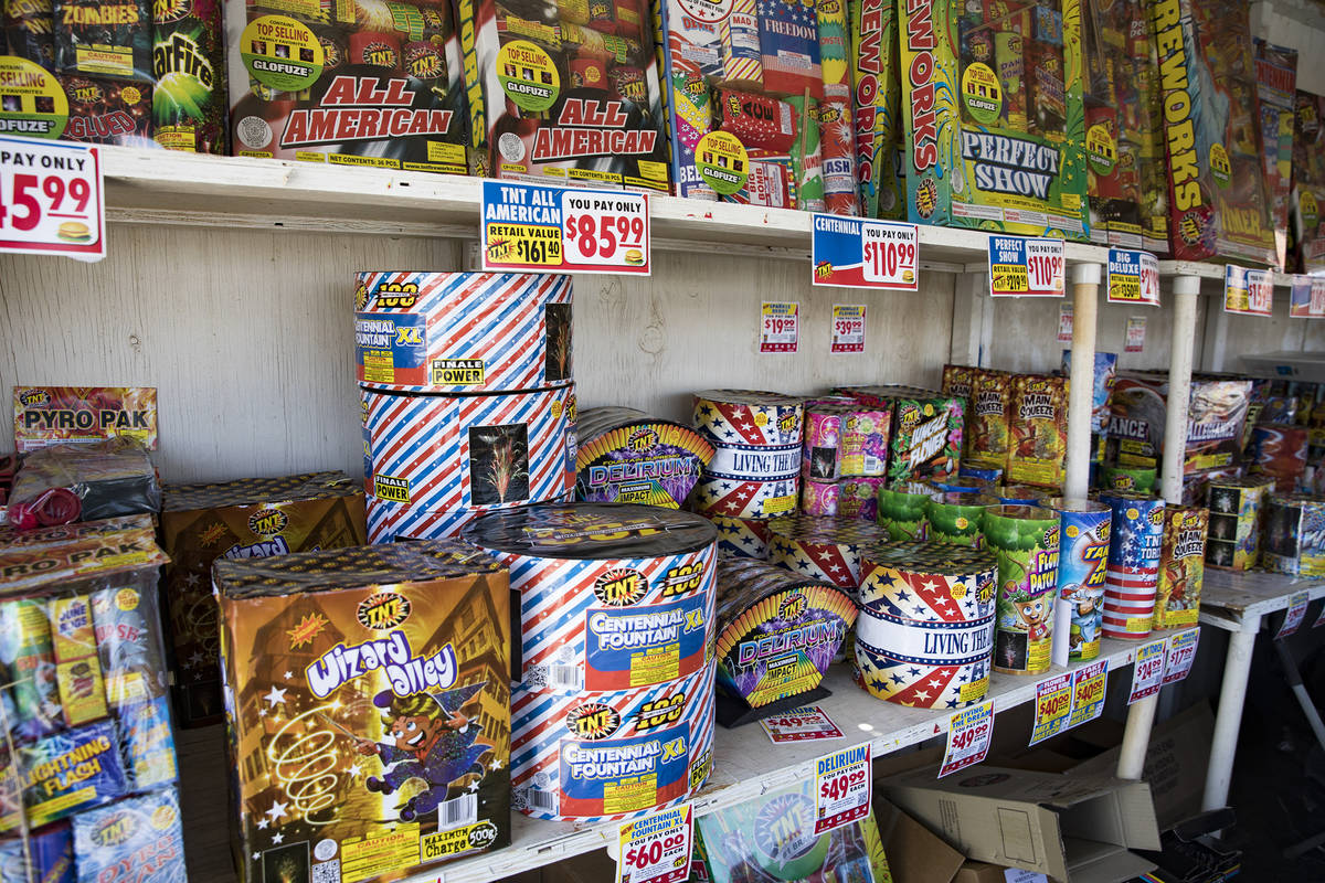 Fireworks for sale at a stand on Maryland Parkway in Las Vegas, Sunday, June 28, 2020. (Rachel ...
