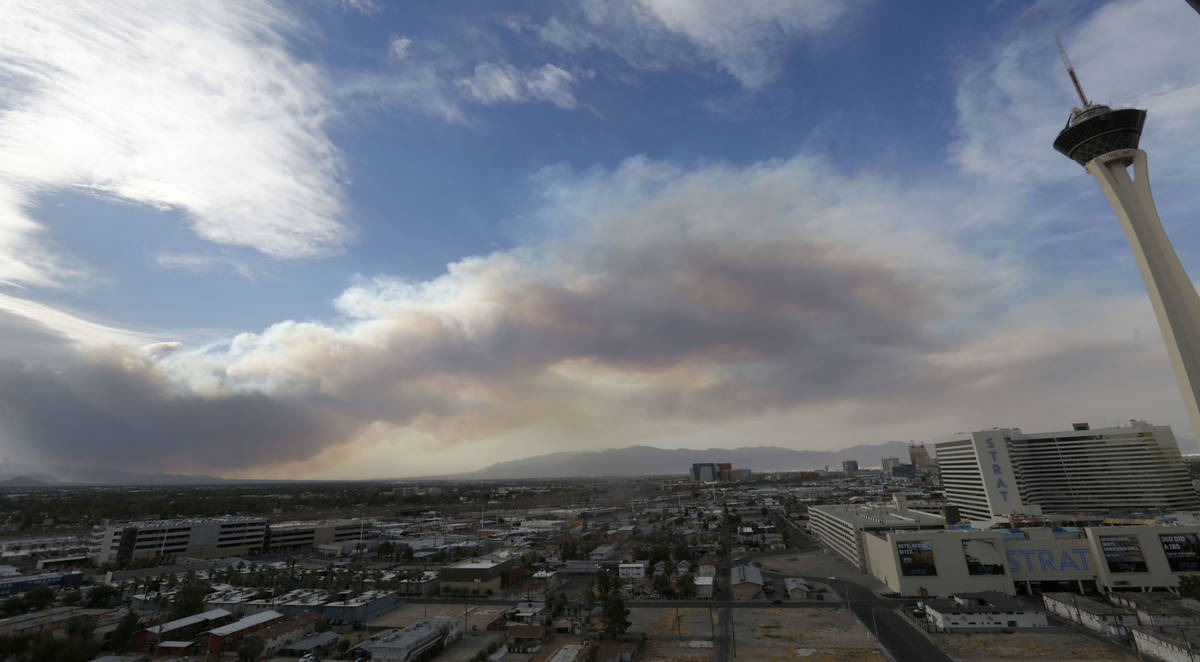 Smoke is seen near The Strat on Sunday, June 28, 2020, in Las Vegas, after a fire broke out on ...