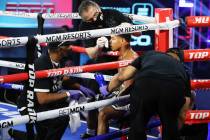 Cutman Jacob Duran tends to boxer Shakur Stevenson between rounds during a recent Top Rank card ...