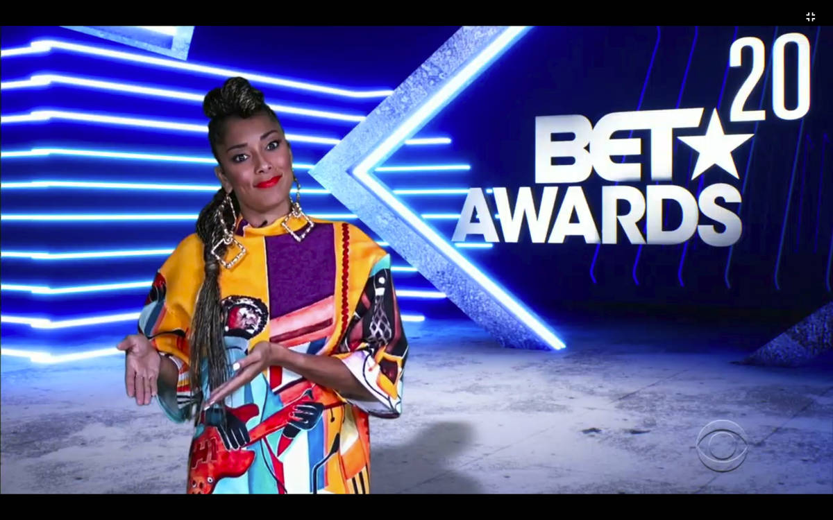 In this video grab issued Sunday, June 28, 2020, by BET, host Amanda Seales speaks during the B ...