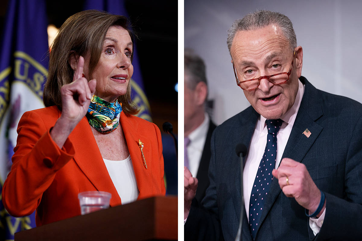 House Speaker Nancy Pelosi, D-Calif., left, and Senate Minority Leader Chuck Schumer, D-N.Y., s ...