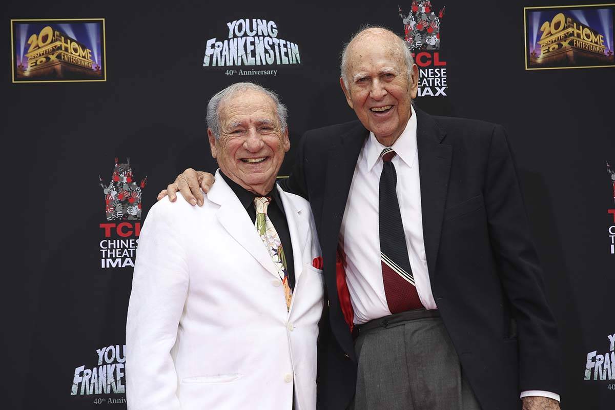 FILE - In this Sept. 8, 2014 file photo, Mel Brooks, left, stands with Carl Reiner during Brook ...