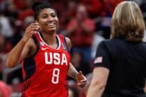 USA Women's National Team forward Angel McCoughtry (8) smiles a she comes off the court during ...