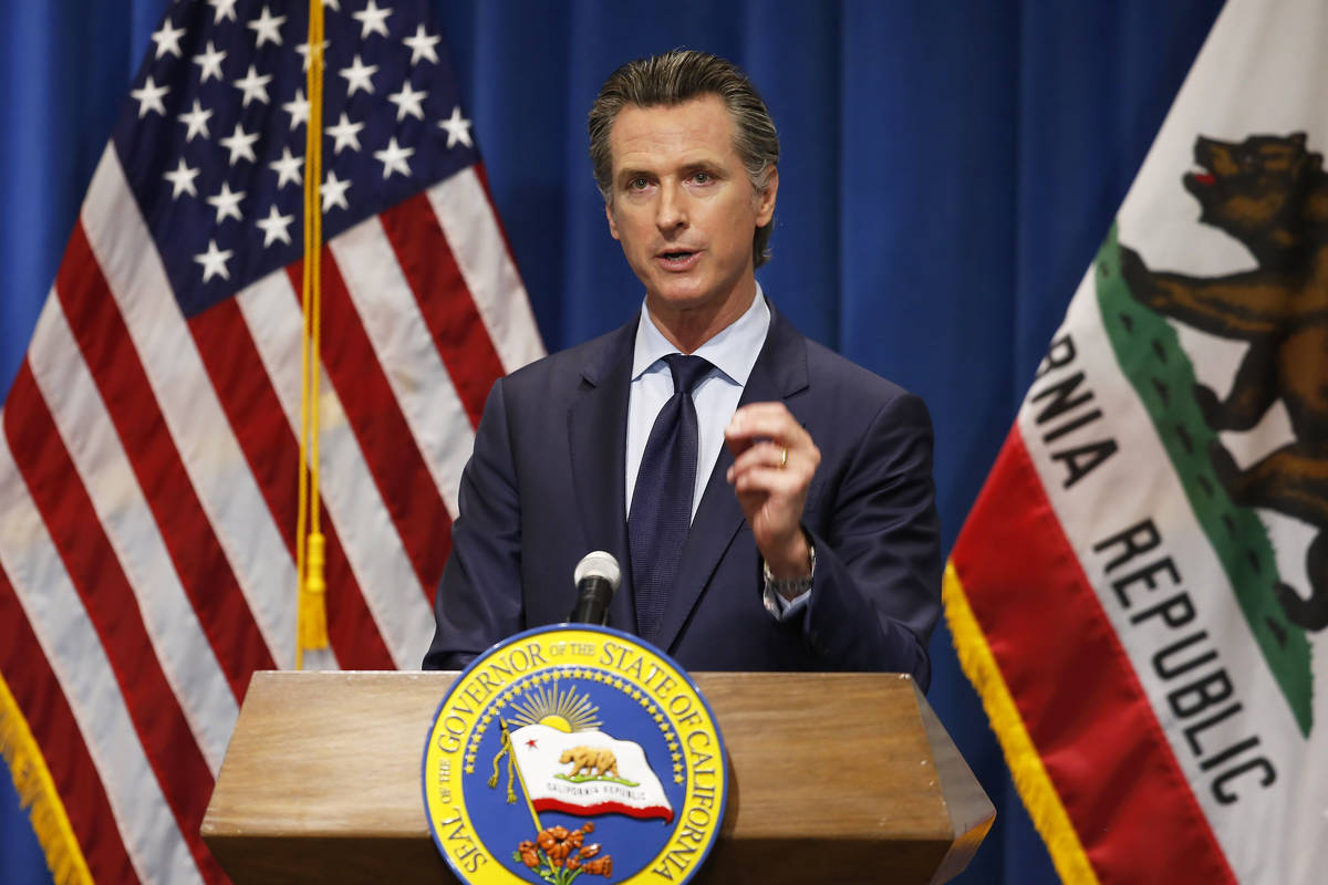 FILE - In this Thursday, May 14, 2020, file photo California Gov. Gavin Newsom discusses his re ...