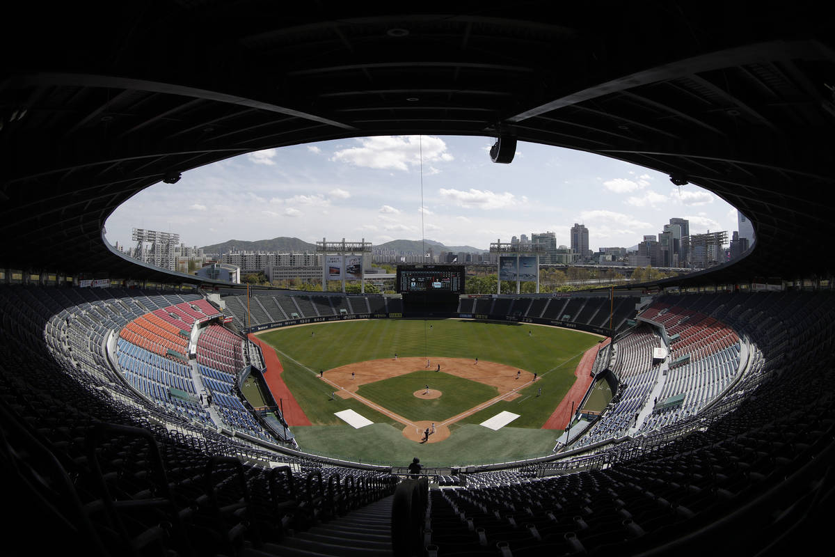Korean Baseball Organization stadium is shown in Seoul, South Korea, on Tuesday, April 21, 2020 ...