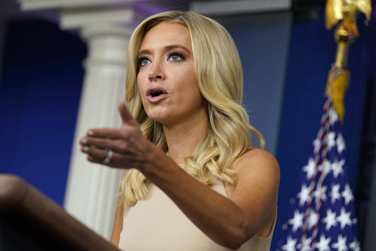 White House press secretary Kayleigh McEnany speaks during a press briefing at the White House, ...