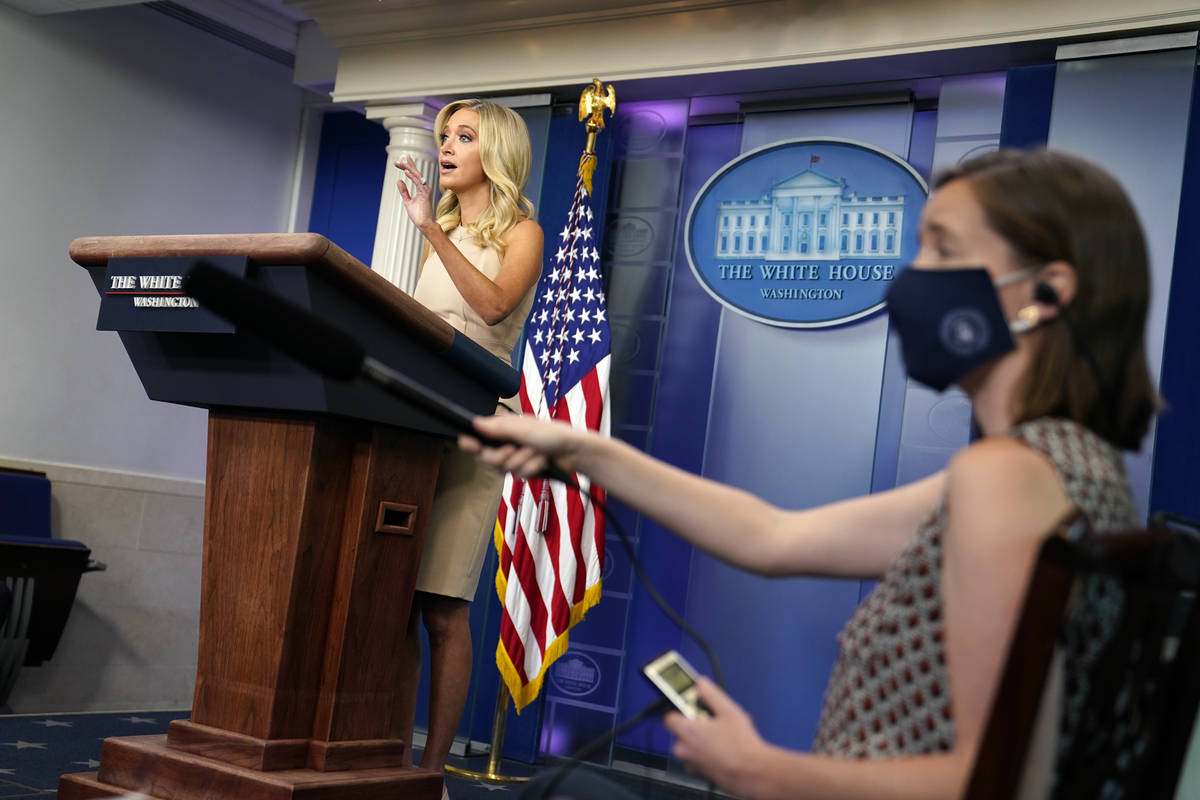 White House press secretary Kayleigh McEnany speaks during a press briefing at the White House, ...