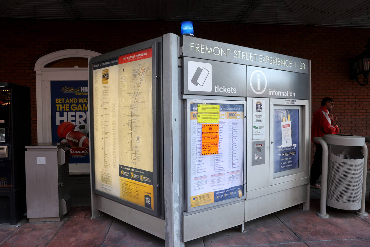 Regional Transportation Commission bus information at a stop on Casino Center Boulevard at Frem ...