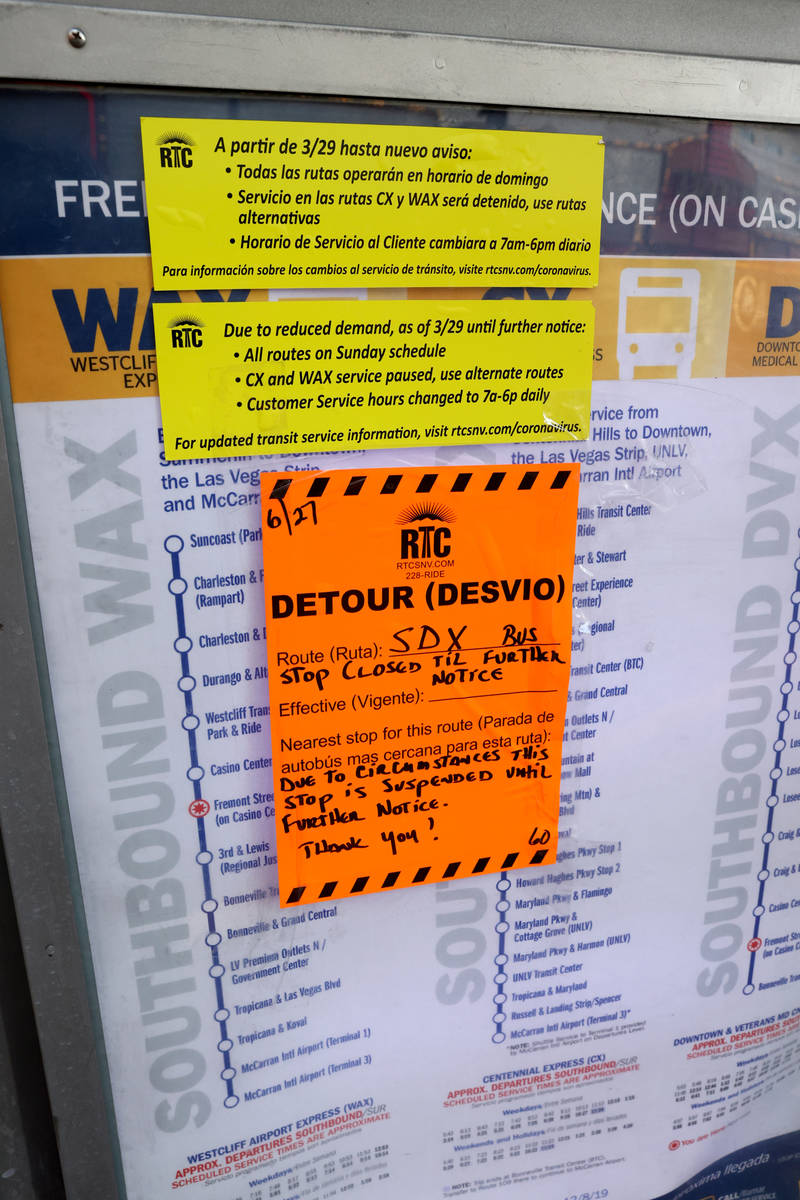 Regional Transportation Commission bus information at a stop on Casino Center Boulevard at Frem ...