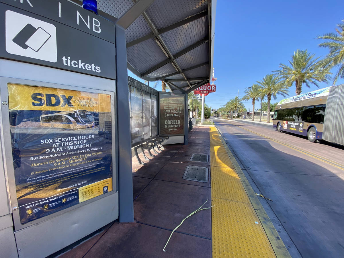 A Regional Transportation Commission bus stop on Casino Center Boulevard at Garces Avenue in do ...