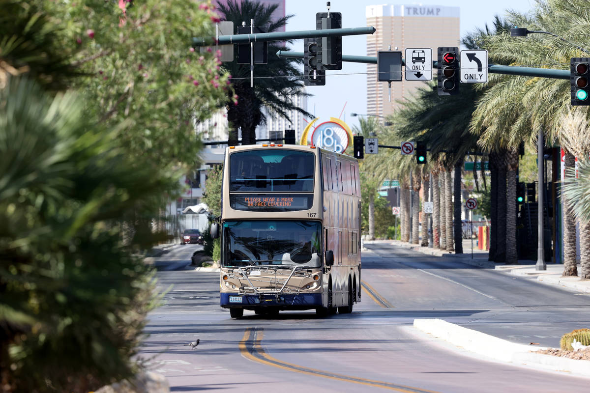 A Regional Transportation Commission bus makes its way up Casino Center Boulevard at Gass Avenu ...