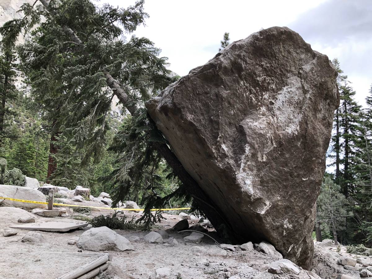 A nearly 20 ft diameter boulder launched into a Whitney Portal campground during an earthquake ...