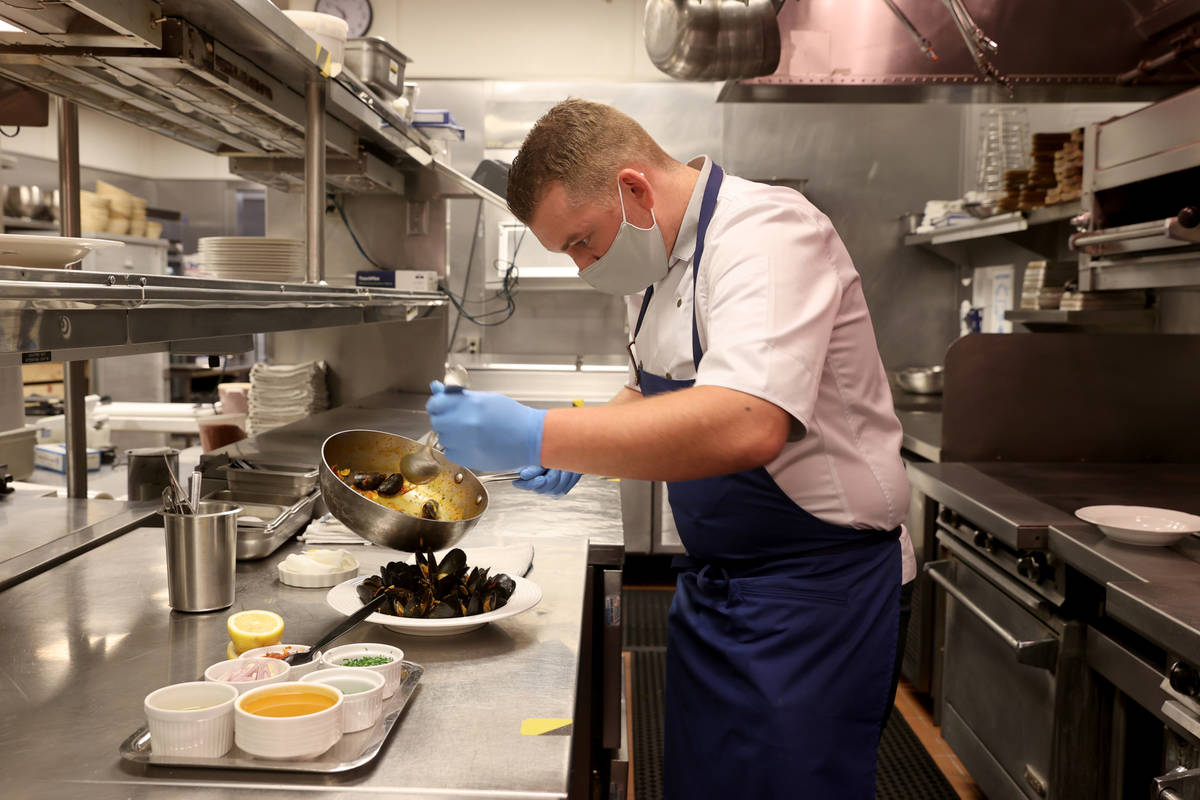 Bardot Brasserie Executive Chef Nick Dugan makes Steamed Mussels with Chorizo and Saffron at Ar ...