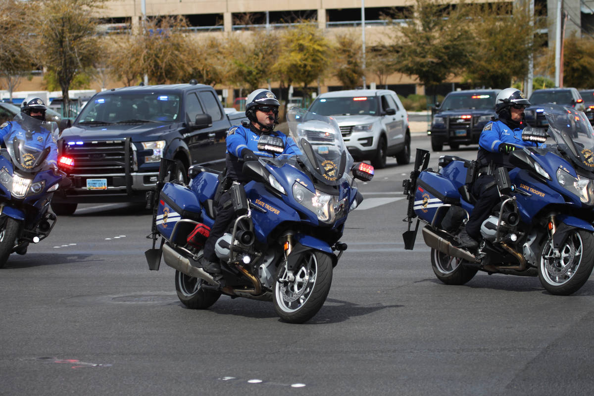 In this Saturday, March 28, 2020, file photo, the procession for Nevada Highway Patrol Sgt. Ben ...