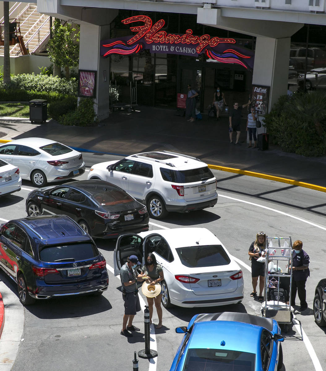 Guests arrive at the Flamingo on Friday, July 3, 2020, in Las Vegas. (Bizuayehu Tesfaye/Las Veg ...